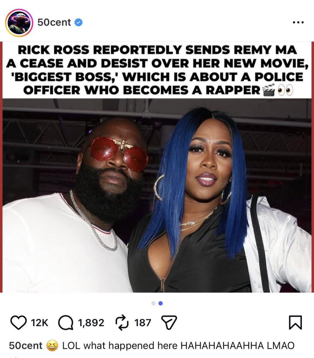 Rick Ross, Remy Ma, cease and desist, Biggest Boss movie, Rick Ross lawsuit, Remy Ma new movie, 50 Cent reacts, Rick Ross trademark, The Remy Network, rap beef, hip hop news, 50 Cent trolling, correctional officer, Maybach Music Group, TMZ, music legal news, Rick Ross Remy Ma fight, Biggest Boss film, rap history