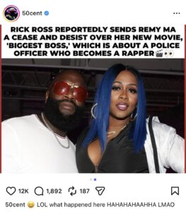 Rick Ross, Remy Ma, cease and desist, Biggest Boss movie, Rick Ross lawsuit, Remy Ma new movie, 50 Cent reacts, Rick Ross trademark, The Remy Network, rap beef, hip hop news, 50 Cent trolling, correctional officer, Maybach Music Group, TMZ, music legal news, Rick Ross Remy Ma fight, Biggest Boss film, rap history