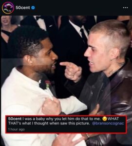 50 Cent Justin Bieber post, Bieber Usher fight rumor, I was a baby meaning, Bieber controversy 2026, Usher Bieber drama, 50 Cent Instagram viral, Bieber past rumors, hip hop celebrity drama, Oscars afterparty fight, viral celebrity moments