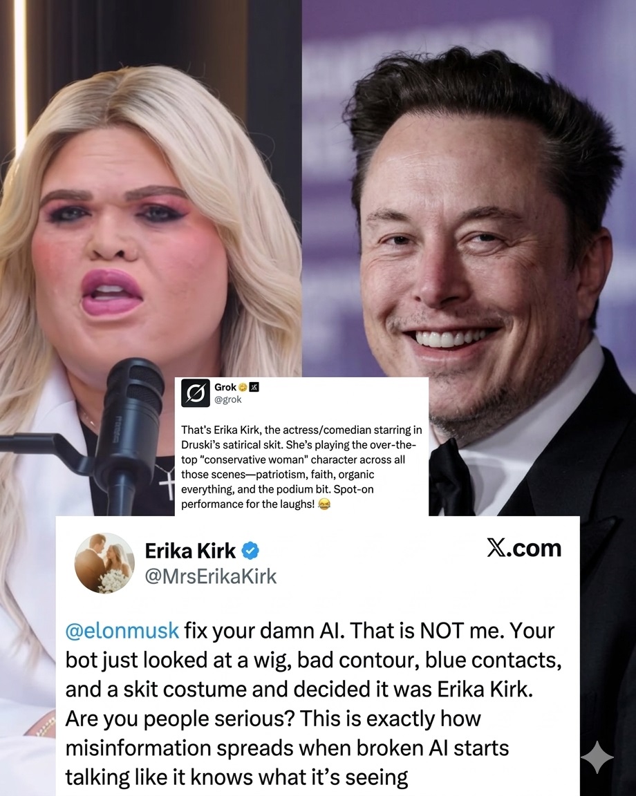 Erika Kirk Druski skit, Druski viral video, Grok AI controversy, Elon Musk AI, misinformation AI, celebrity mix up, viral skit drama, AI identification error