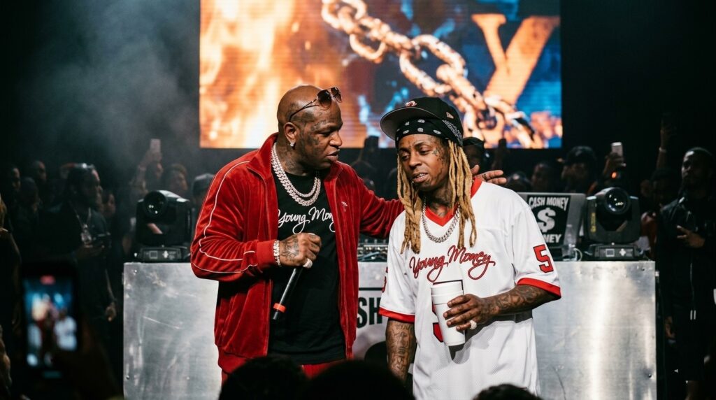 Birdman, Lil Wayne, Cash Money Records, Birdman and Lil Wayne relationship, father and son rappers, Birdman kissing Lil Wayne, Like Father Like Son album, Tha Carter V delay, Lil Wayne lawsuit against Birdman, $51 million lawsuit, Birdman Lil Wayne shooting incident, Young Money Records history, Drake and Nicki Minaj Cash Money, Jacida Carter Lil Wayne mom, Birdman surrogate father, Lil Wayne Hot Boys era, Birdman and Slim Williams, Birdman Lil Wayne reconciliation, Lil WeezyAna Fest 2018, hip hop legal battles, rap industry contracts, Birdman apology to Lil Wayne