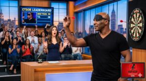 Mike Tyson blindfold darts, Mike Tyson viral moment, Tyson bullseye video, Mike Tyson coordination, Tyson Shaolin monk, Crowd Goes Wild Tyson, Tyson darts challenge, boxing legend Tyson, viral sports moments, Mike Tyson skills