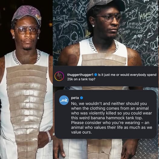 Young Thug alligator outfit, Young Thug PETA controversy, $25000 outfit rapper, exotic skin fashion debate, hip hop fashion controversy, PETA vs celebrities, vegan leather debate, Young Thug style, luxury streetwear drama, rapper fashion backlash
