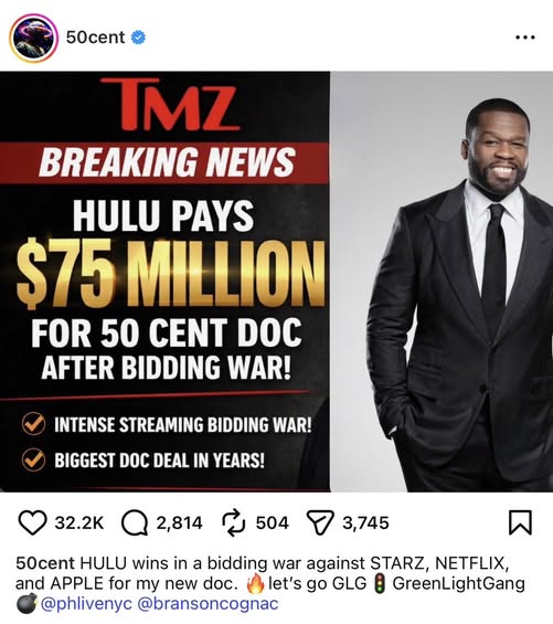 50 Cent Hulu deal, 50 Cent documentary 75 million, Curtis Jackson Instagram news, Hulu bidding war 50 Cent, 50 Cent TV empire, Power BMF producer, viral 50 Cent post, hip hop business deals, streaming wars, Green Light Gang