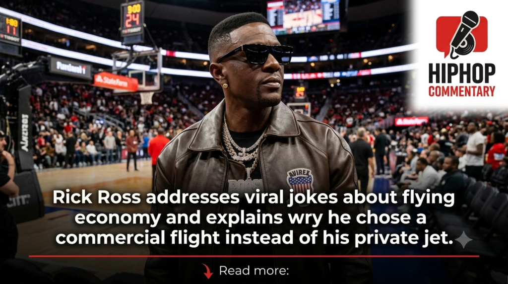 Rick Ross, Rick Ross economy flight, Rick Ross private jet, Rick Ross commercial flight, Rick Ross Starlink jet, Drake Rick Ross, hip hop news, rap news, celebrity travel, Rick Ross viral